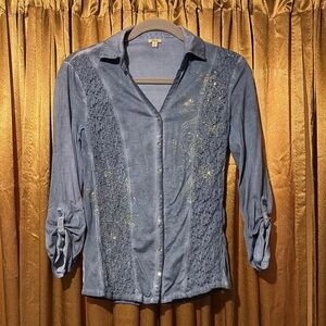 Reba” Blue rhinestones Fitted 3/4 Sleeve Button Down Shirt